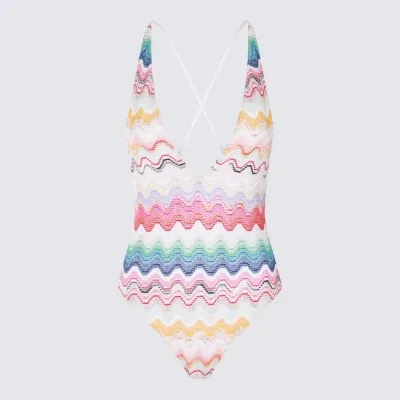 Missoni Wave-pattern V-neck Swimsuit In White