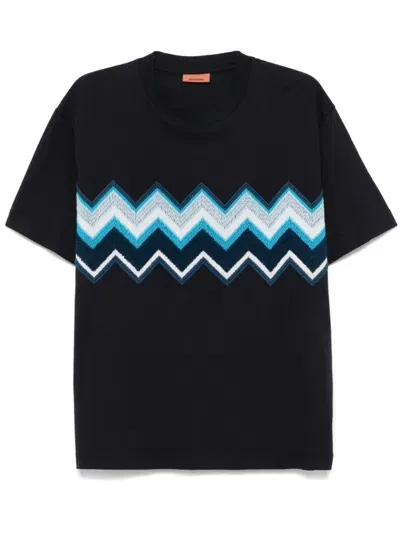 Missoni Zig Zag Embroidered Cotton T-shirt In Blue