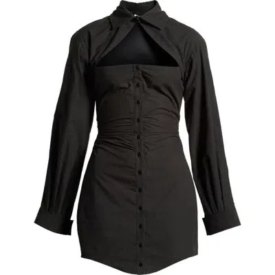 Mistress Rocks Cutout Ruched Long Sleeve Cotton Shirtdress In Black