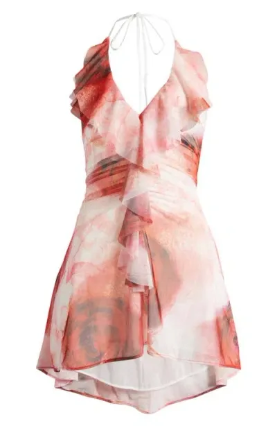 Mistress Rocks Floral Ruffle Halter Minidress In Rose Print