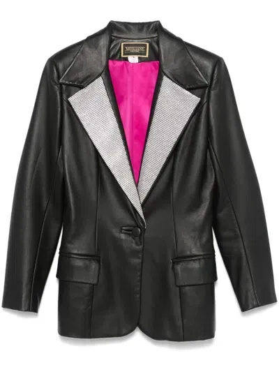 Mitiliane Couture Crystal-lapels Faux-leather Blazer In Black