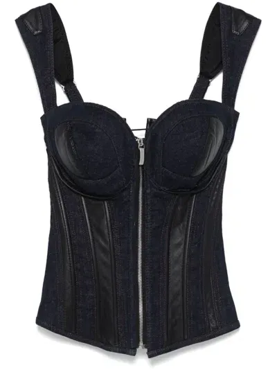 Mitiliane Couture Leather-inserts Denim Corset In Blue