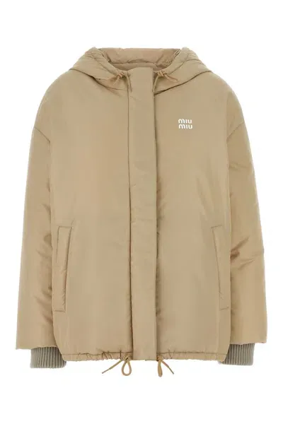 Miu Miu Beige Polyester Down Jacket In Brown