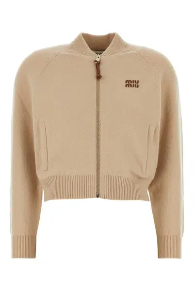 Miu Miu Beige Stretch Cashmere Blend Cardigan In Beige O Tan