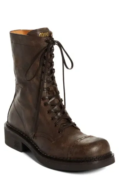 Miu Miu Cap Toe Combat Boot In Cacao