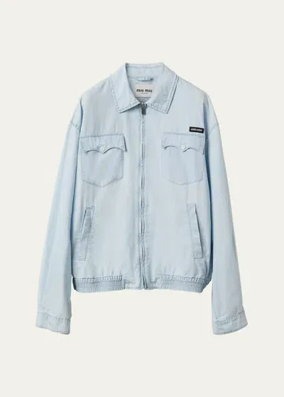 Miu Miu Chambray Blouson Jacket In F0076 Celeste