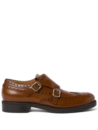 Miu Miu Brogue Leather Double Monk Loafers In Brown