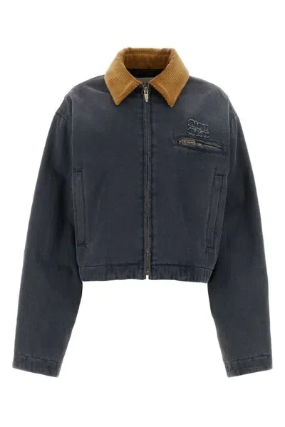 Miu Miu Corduroy-collar Padded Denim Jacket In Grey