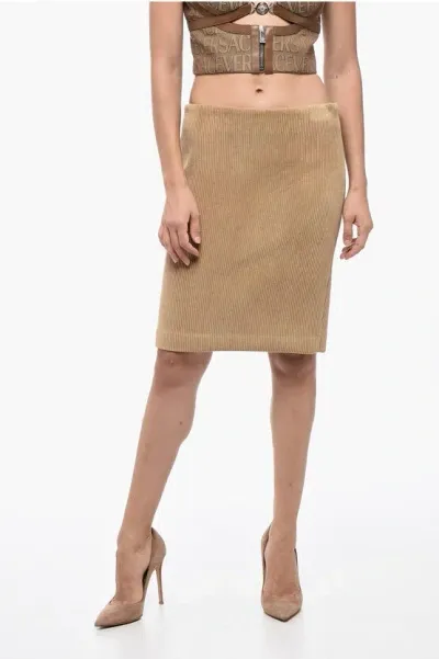 Miu Miu Corduroy Midi Skirt With Side Zip In Neutral