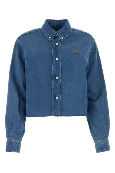 Miu Miu Logo-embroidered Cropped Denim Shirt In Blue