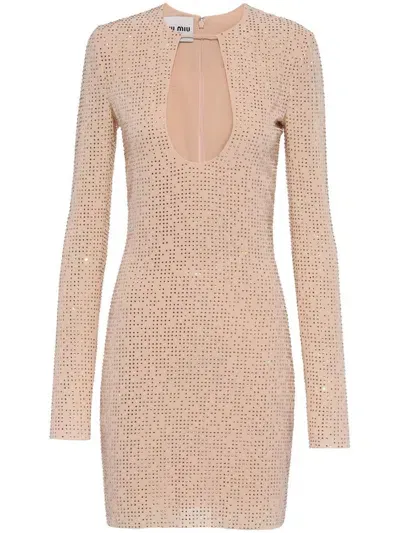 Miu Miu Embroidered Stretch Georgette Mini-dress In Neutrals