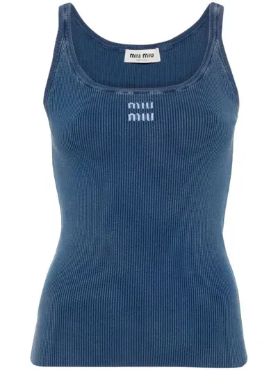 Miu Miu Embroidered-logo Fine-ribbed Top In Blue