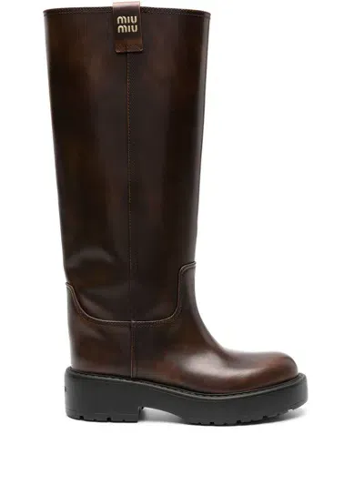 Miu Miu Fumé Leather Boots In Brown