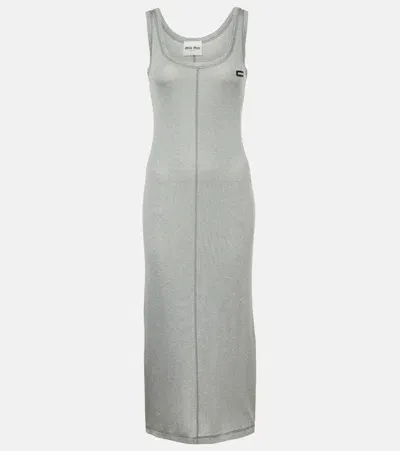 Miu Miu Knitted Silk Midi Dress In Gray