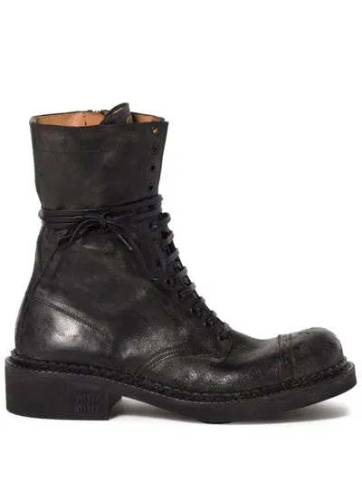 Miu Miu Lace-up Leather Boots In Black