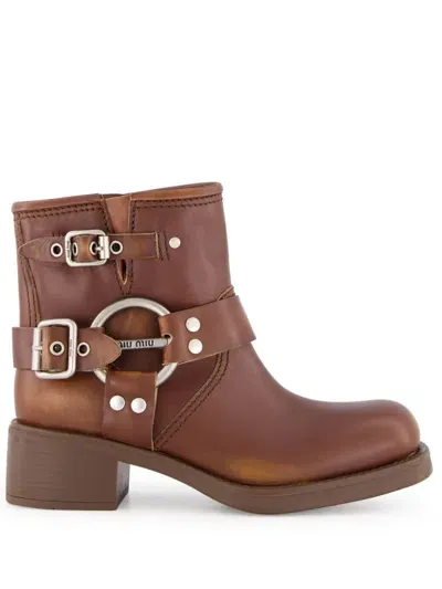 Miu Miu Leather Ankle Boots In Braun