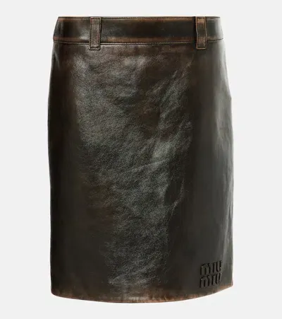 Miu Miu Leather Midi Skirt In Brown