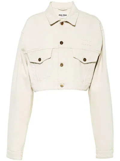 Miu Miu Logo-appliqué Denim Jacket In Neutrals