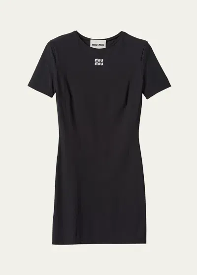 Miu Miu Logo-print Short-sleeve Minidress In F0002 Nero