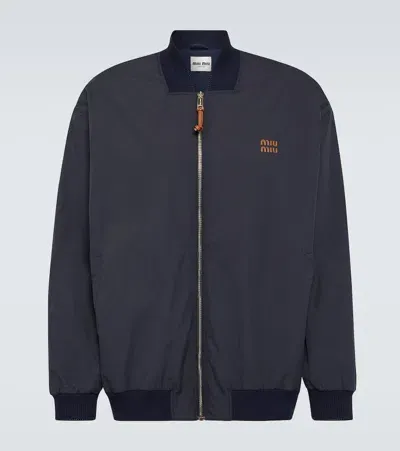 Miu Miu Logo Cotton-blend Bomber Jacket In Blue