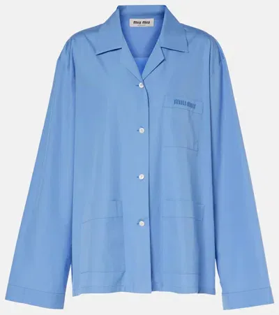 Miu Miu Logo Cotton Poplin Shirt In Blue