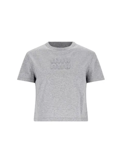 Miu Miu Logo Crop T-shirt In Gray