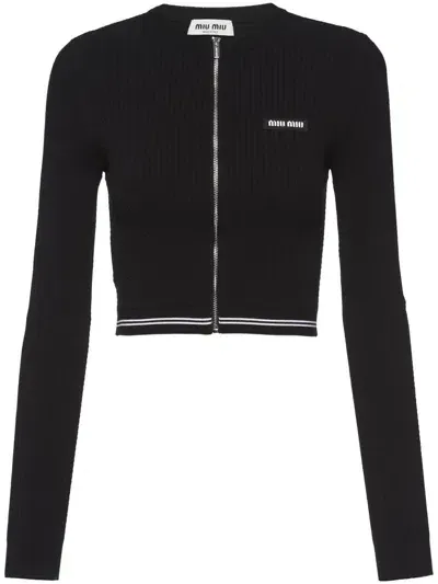 Miu Miu Logo-embroidered Cropped Cardigan In Black