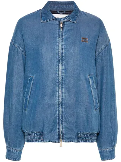 Miu Miu Logo-embroidered Jacket In Blue