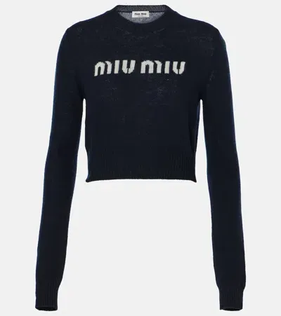 Miu Miu Logo Intarsia Wool And Cashmere Sweater In Blue