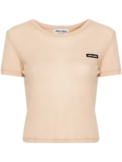 Miu Miu Logo-patch Cropped T-shirt In Neutrals