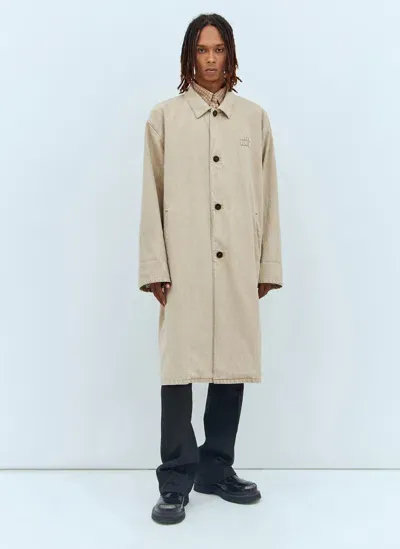 Miu Miu Logo Patch Denim Trench Coat In Beige