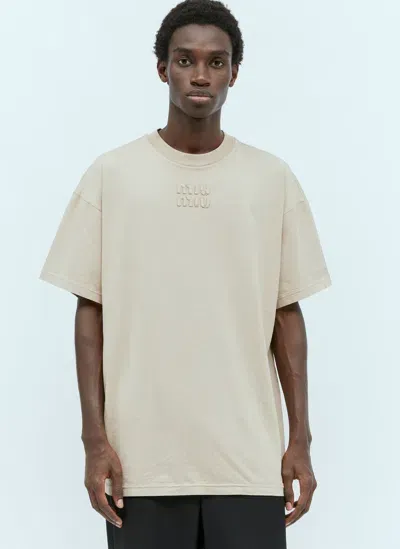 Miu Miu Logo Patch Long T-shirt In Beige