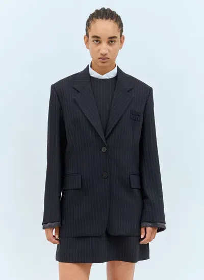 Miu Miu Logo Patch Pinstripe Blazer In Blue