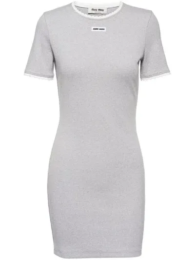 Miu Miu Logo-patch Scallop-trim Minidress In Grey