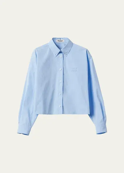 Miu Miu Logo-lettering Raw-cut Shirt In Blue