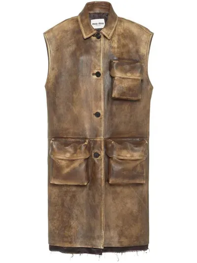 Miu Miu Nappa Leather Long Vest In Nude