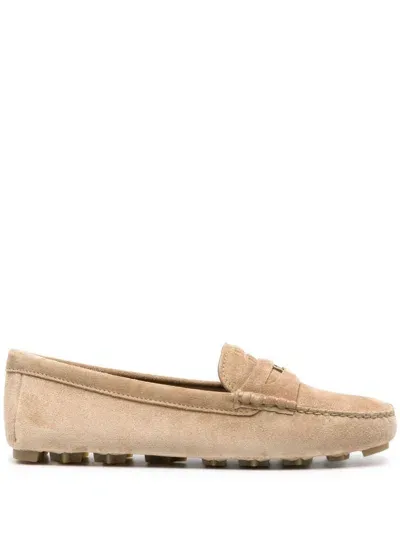 Miu Miu Neutral Logo-embossed Suede Penny Loafers In Braun