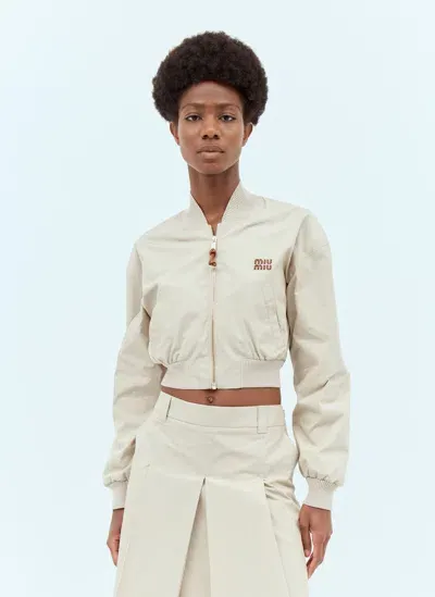 Miu Miu Panama Cotton Bomber Jacket In Beige