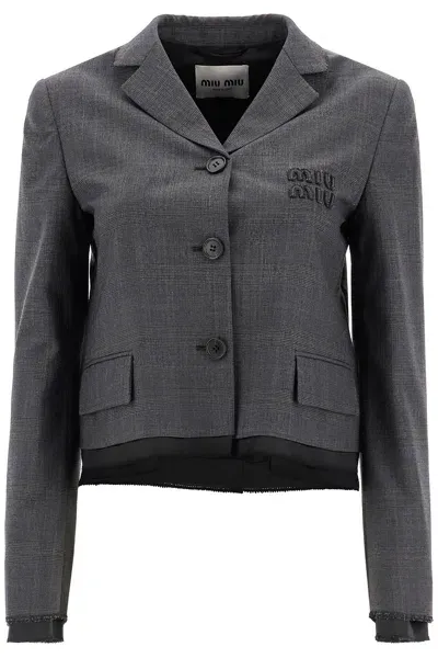 Miu Miu Prince Of Wales Cropped Jacket In Grey