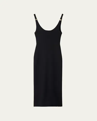 Miu Miu Ribbed Backless Metal Logo Midi Dress In Nero