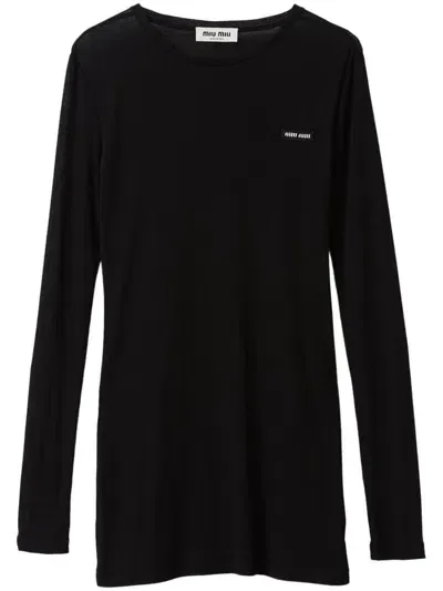 Miu Miu Long Sleeve Jersey Mini Dress In F0002 Nero