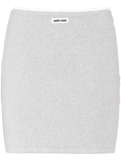 Miu Miu Ribbed-knit Logo-patch Miniskirt In Grey