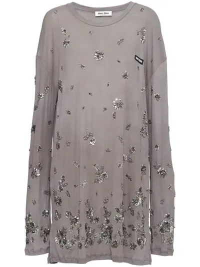 Miu Miu Embroidered Garment-dyed Ribbed Knit Jersey Dress In Grey