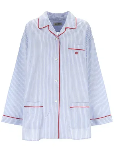 Miu Miu Striped Cotton Shirt In Cielo+bianco