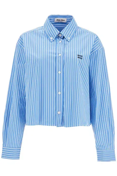 Miu Miu Striped Cropped Shirt For Women In Blue