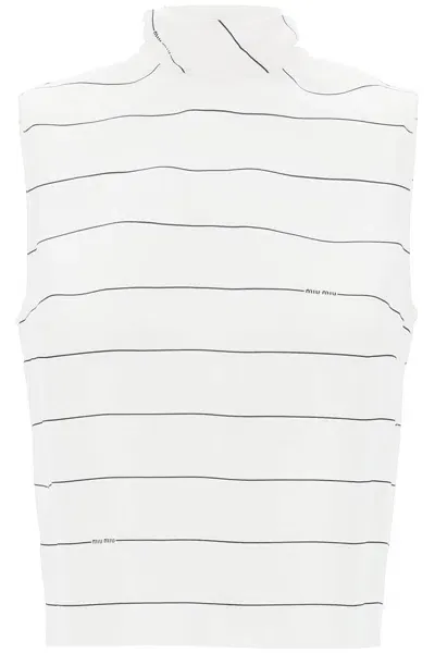 Miu Miu Striped Top In Crepe Sablé In White