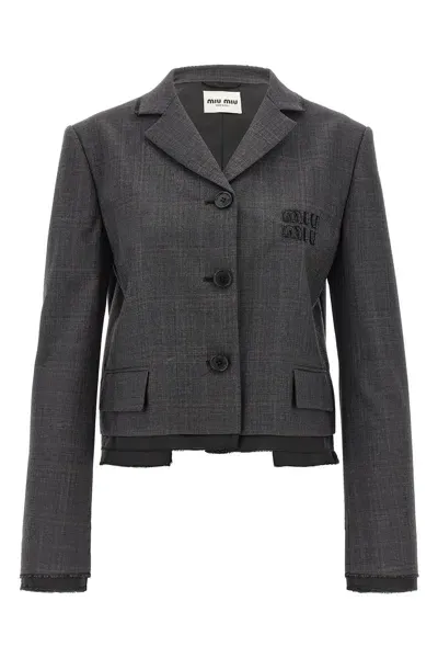 Miu Miu Women Logo Short Jacket In Gray