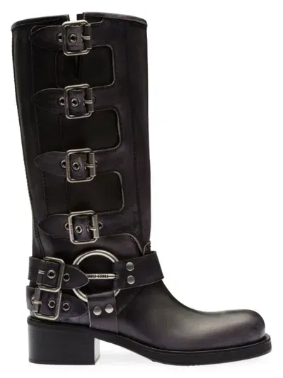 Miu Miu Leather Boots In Nero