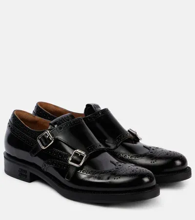 Miu Miu Brushed Leather Monk Brogue Shoes In Black