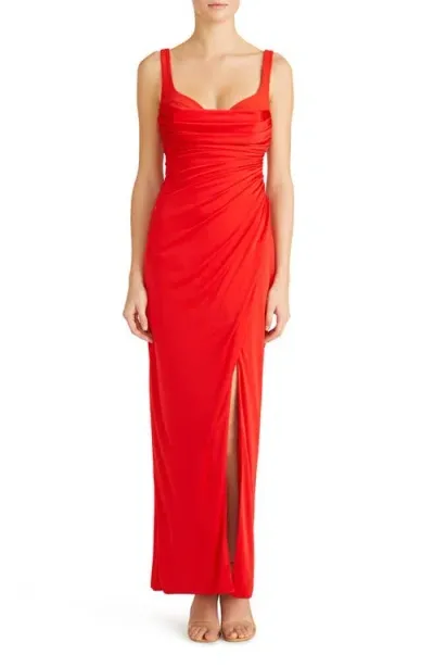 ml Monique Lhuillier Mae Ruched Column Gown In Scarlett